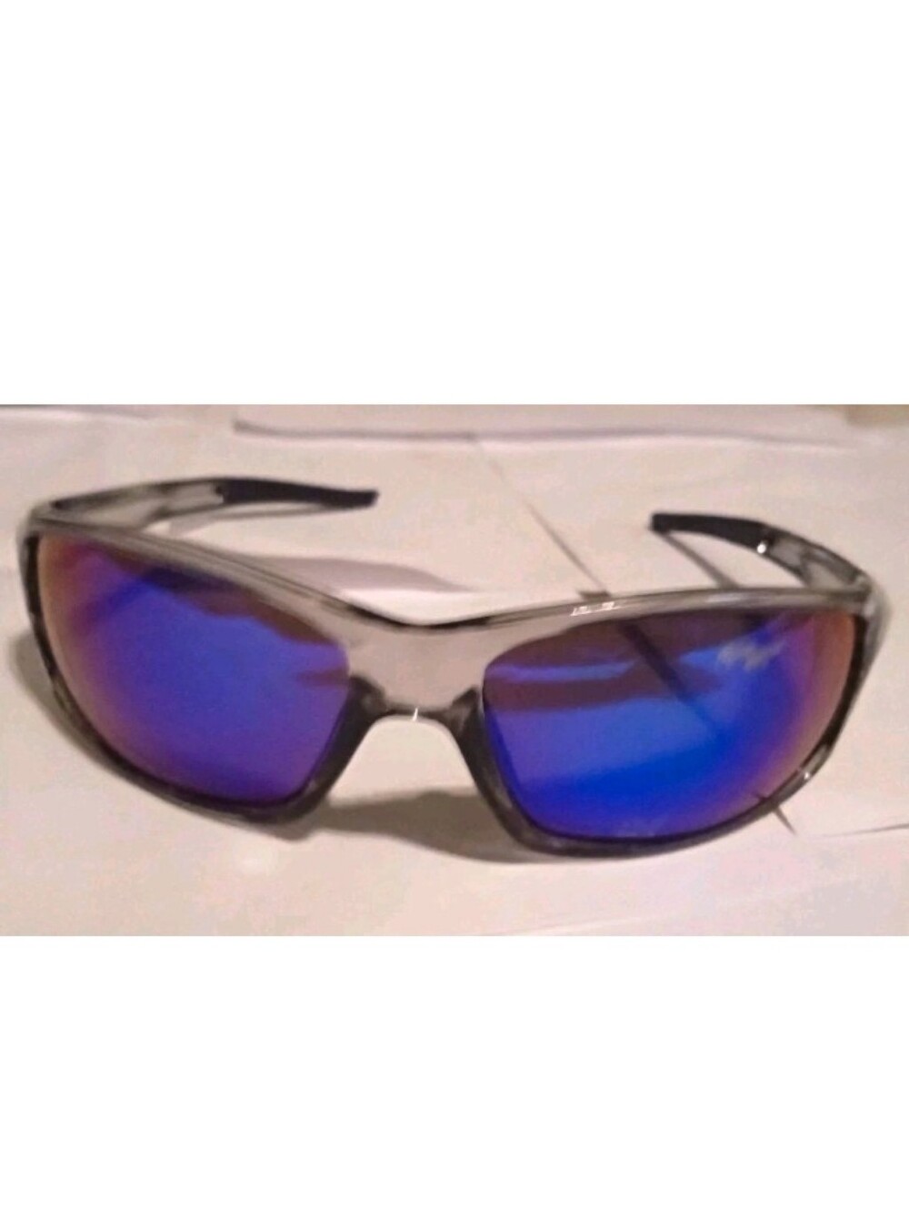 Men's Wrap Sunglasses Gray Plastic Frame Blue Mirrored Plastic Lenses Solid